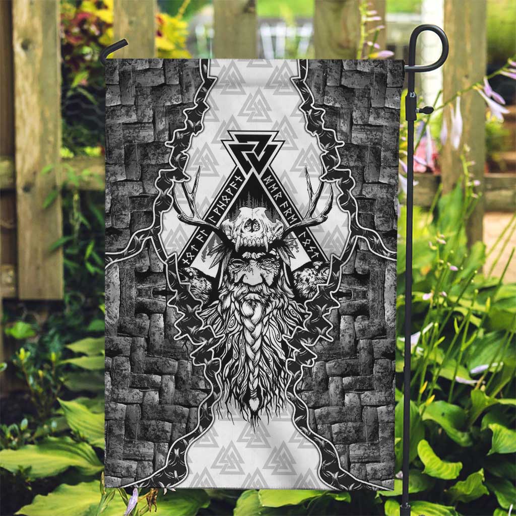Odin and Skull Warrior Norse Mythology Garden Flag Viking Black and White Engraved Stone Art