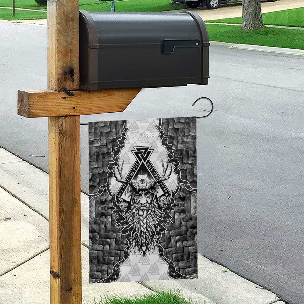 Odin and Skull Warrior Norse Mythology Garden Flag Viking Black and White Engraved Stone Art