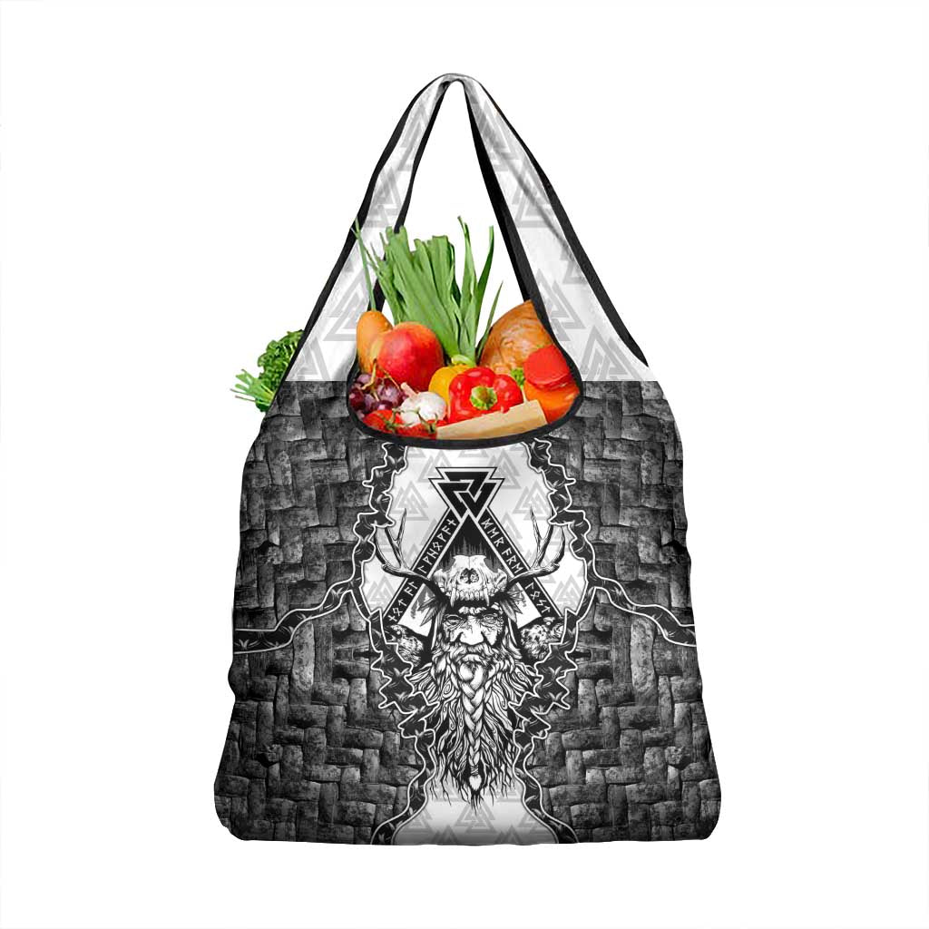 Odin and Skull Warrior Norse Mythology Grocery Bag Viking Black and White Engraved Stone Art