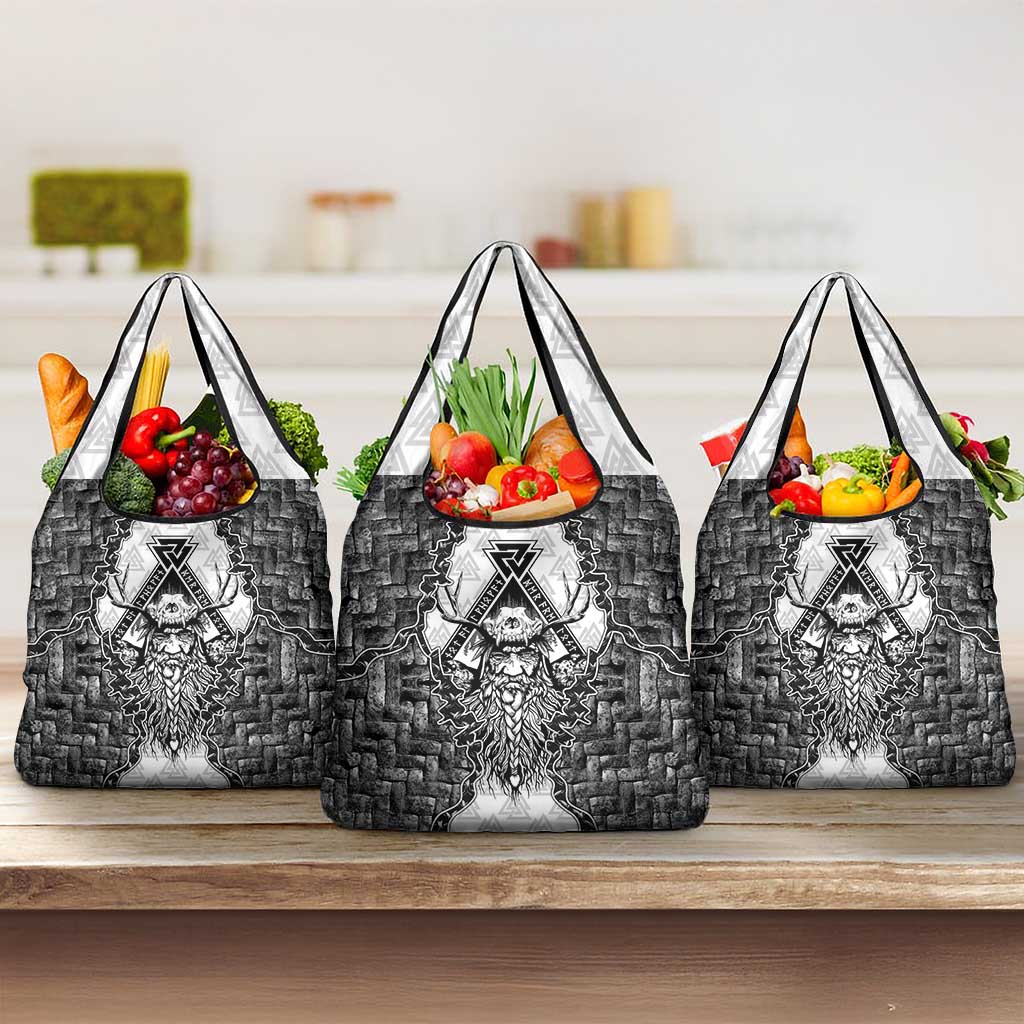 Odin and Skull Warrior Norse Mythology Grocery Bag Viking Black and White Engraved Stone Art
