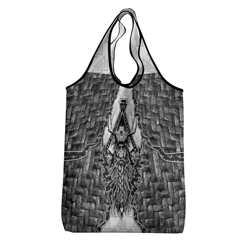 Odin and Skull Warrior Norse Mythology Grocery Bag Viking Black and White Engraved Stone Art