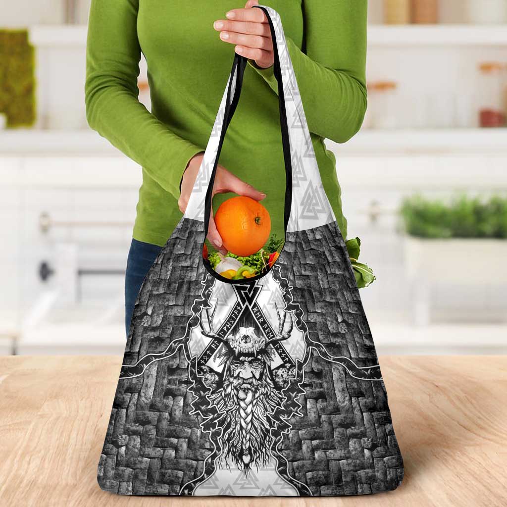 Odin and Skull Warrior Norse Mythology Grocery Bag Viking Black and White Engraved Stone Art