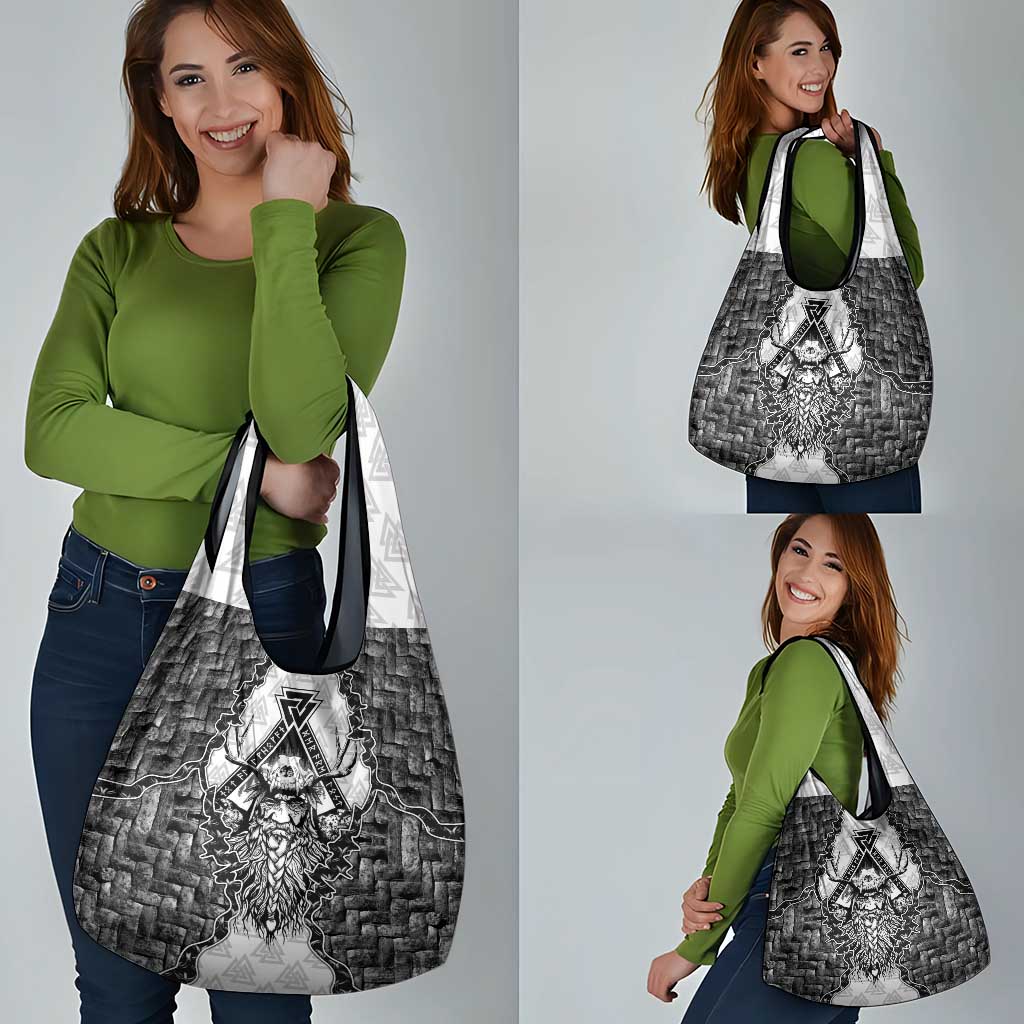 Odin and Skull Warrior Norse Mythology Grocery Bag Viking Black and White Engraved Stone Art