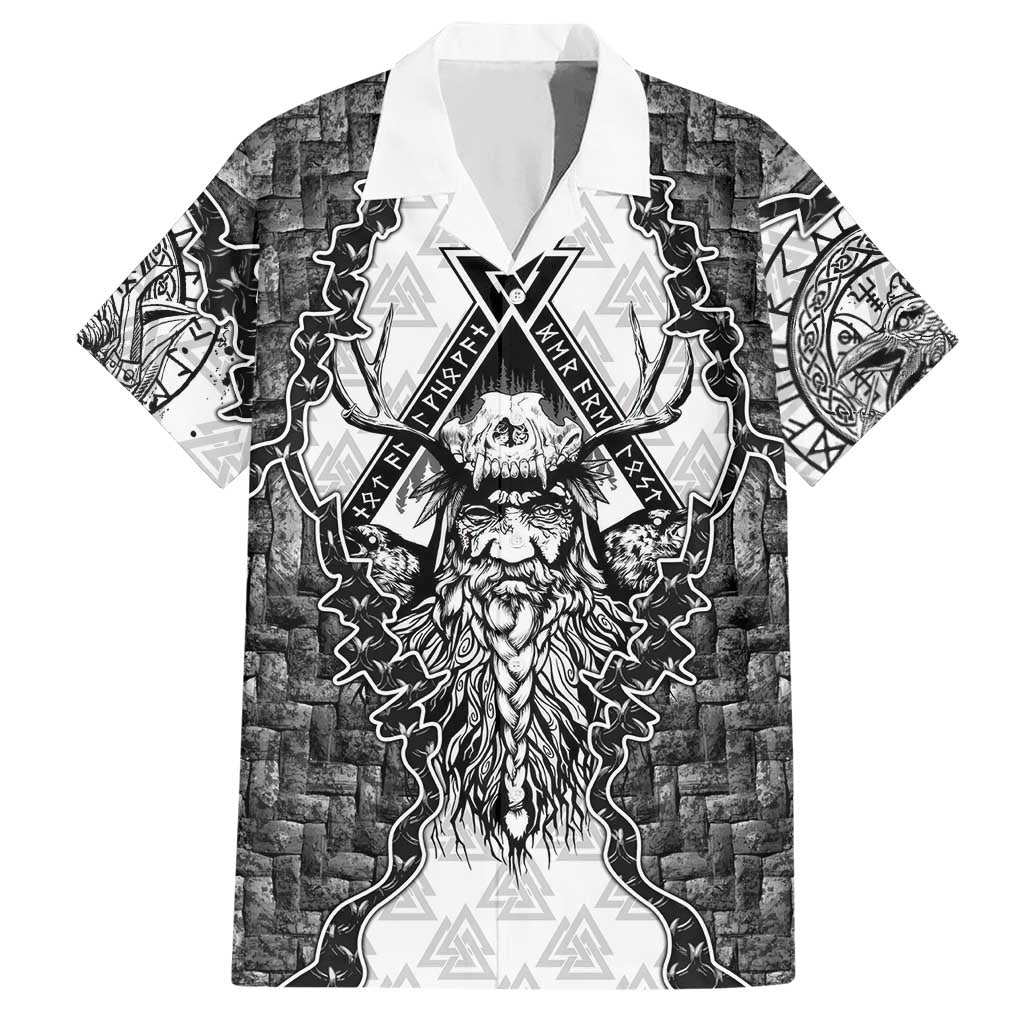 Odin and Skull Warrior Norse Mythology Hawaiian Shirt Viking Black and White Engraved Stone Art