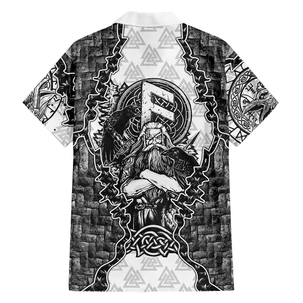 Odin and Skull Warrior Norse Mythology Hawaiian Shirt Viking Black and White Engraved Stone Art