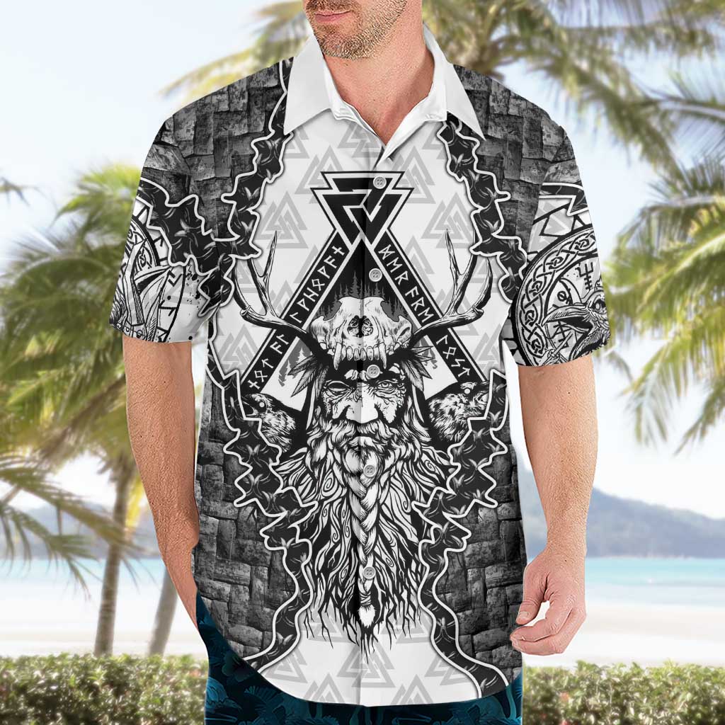 Odin and Skull Warrior Norse Mythology Hawaiian Shirt Viking Black and White Engraved Stone Art