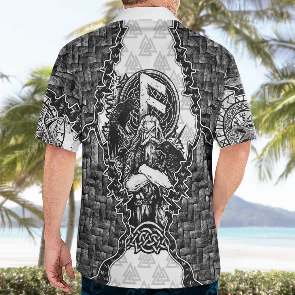 Odin and Skull Warrior Norse Mythology Hawaiian Shirt Viking Black and White Engraved Stone Art