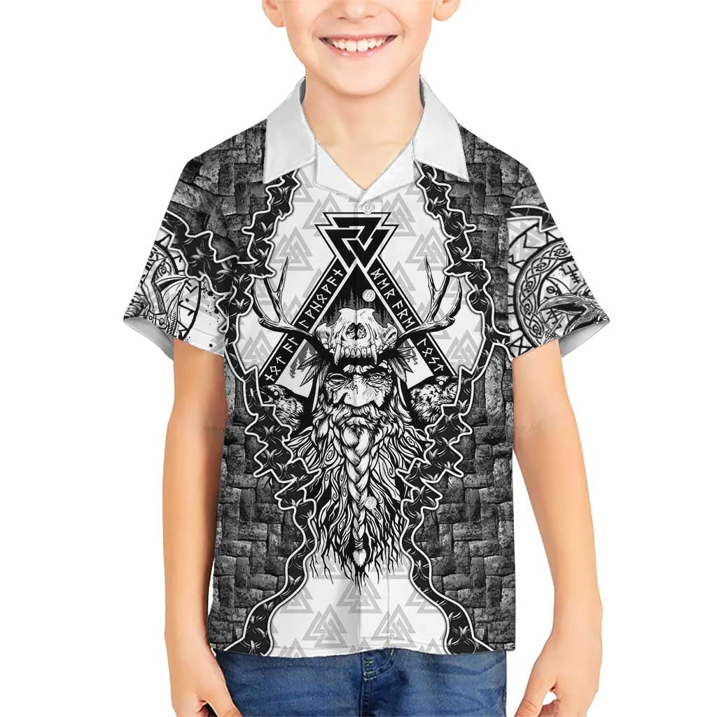 Odin and Skull Warrior Norse Mythology Hawaiian Shirt Viking Black and White Engraved Stone Art