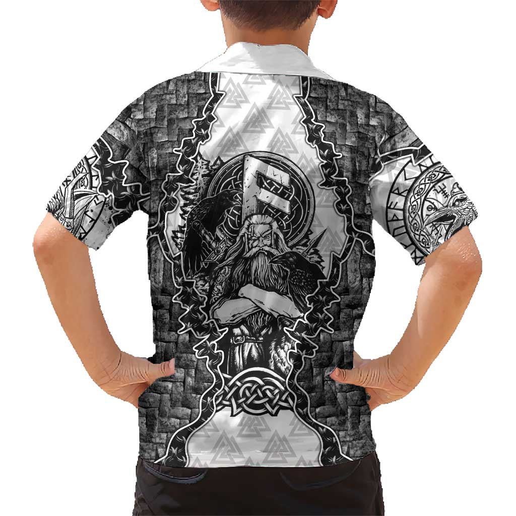 Odin and Skull Warrior Norse Mythology Hawaiian Shirt Viking Black and White Engraved Stone Art