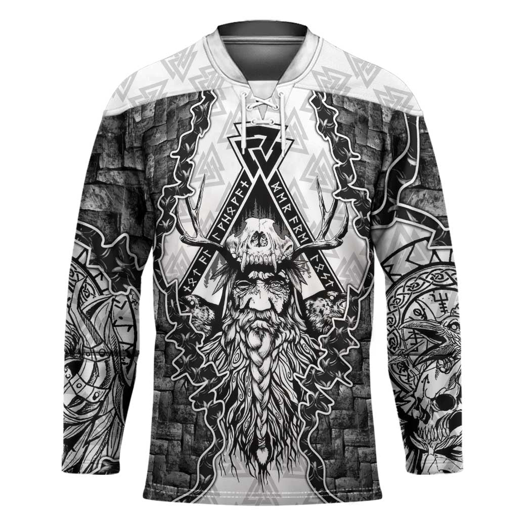 Odin and Skull Warrior Norse Mythology Hockey Jersey Viking Black and White Engraved Stone Art