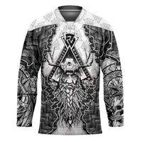 Odin and Skull Warrior Norse Mythology Hockey Jersey Viking Black and White Engraved Stone Art