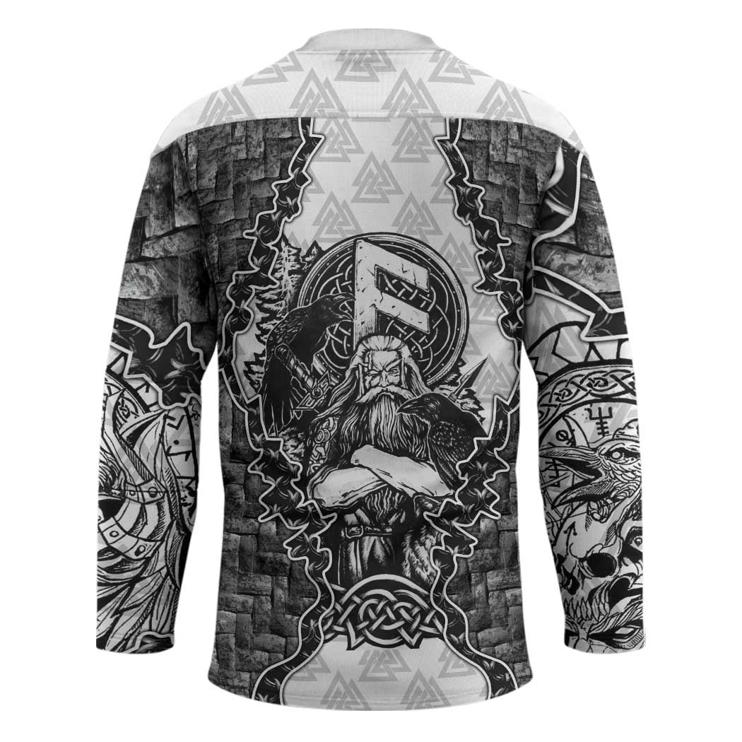 Odin and Skull Warrior Norse Mythology Hockey Jersey Viking Black and White Engraved Stone Art