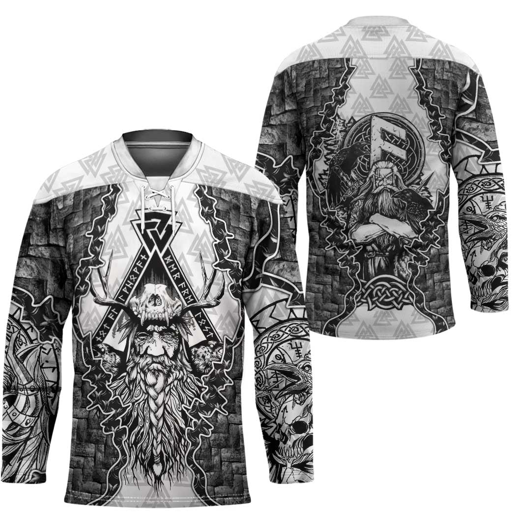 Odin and Skull Warrior Norse Mythology Hockey Jersey Viking Black and White Engraved Stone Art