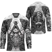 Odin and Skull Warrior Norse Mythology Hockey Jersey Viking Black and White Engraved Stone Art