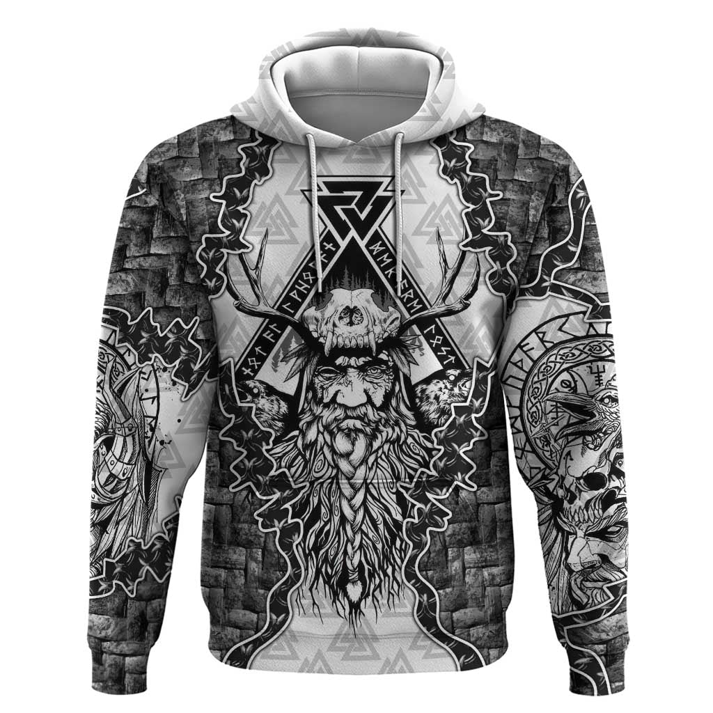Odin and Skull Warrior Norse Mythology Hoodie Viking Black and White Engraved Stone Art