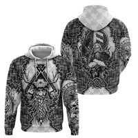 Odin and Skull Warrior Norse Mythology Hoodie Viking Black and White Engraved Stone Art