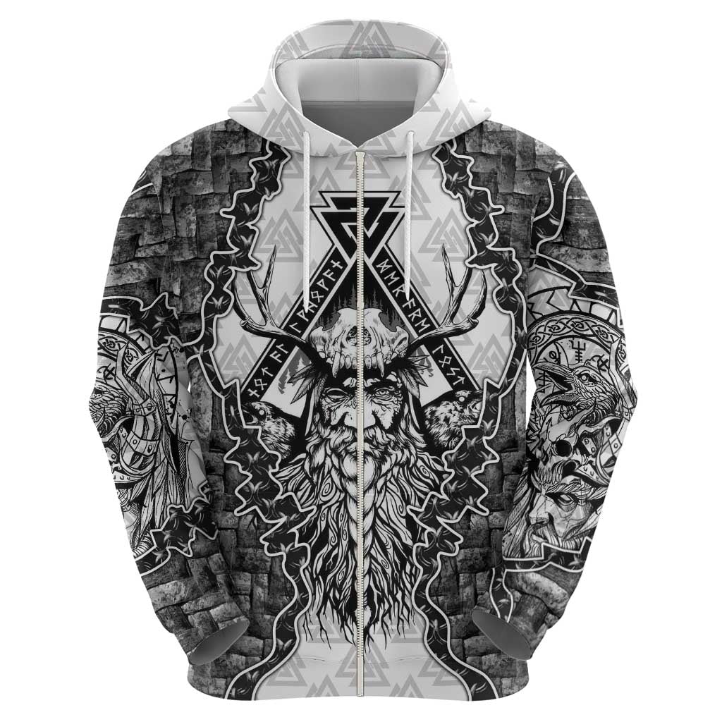 Odin and Skull Warrior Norse Mythology Hoodie Viking Black and White Engraved Stone Art
