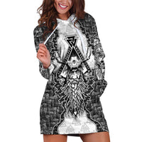 Odin and Skull Warrior Norse Mythology Hoodie Dress Viking Black and White Engraved Stone Art
