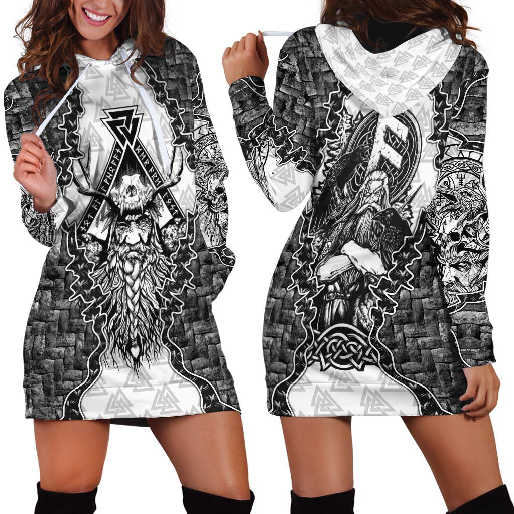 Odin and Skull Warrior Norse Mythology Hoodie Dress Viking Black and White Engraved Stone Art