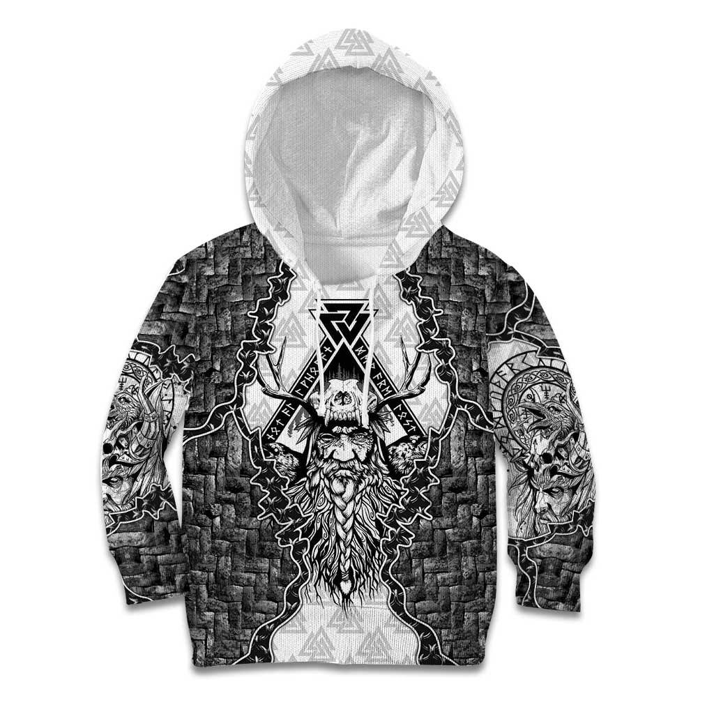 Odin and Skull Warrior Norse Mythology Kid Hoodie Viking Black and White Engraved Stone Art