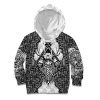 Odin and Skull Warrior Norse Mythology Kid Hoodie Viking Black and White Engraved Stone Art
