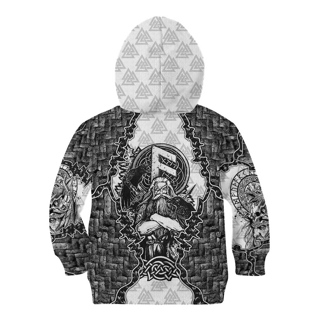 Odin and Skull Warrior Norse Mythology Kid Hoodie Viking Black and White Engraved Stone Art