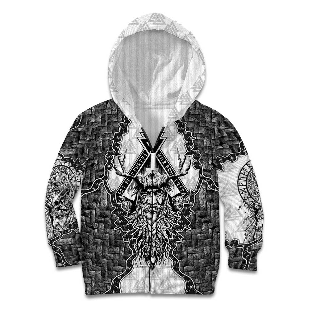 Odin and Skull Warrior Norse Mythology Kid Hoodie Viking Black and White Engraved Stone Art