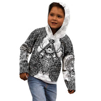Odin and Skull Warrior Norse Mythology Kid Hoodie Viking Black and White Engraved Stone Art