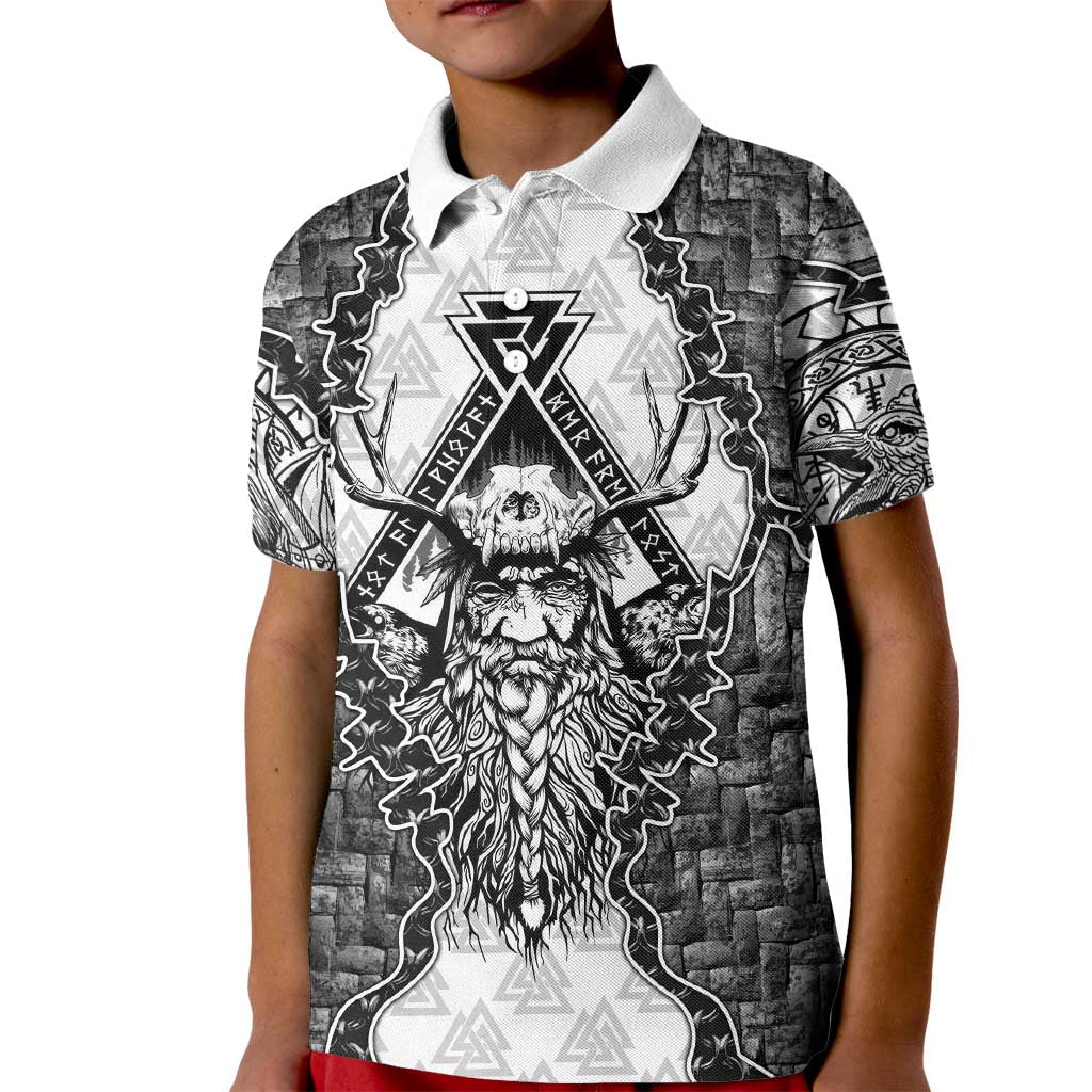 Odin and Skull Warrior Norse Mythology Kid Polo Shirt Viking Black and White Engraved Stone Art