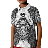 Odin and Skull Warrior Norse Mythology Kid Polo Shirt Viking Black and White Engraved Stone Art
