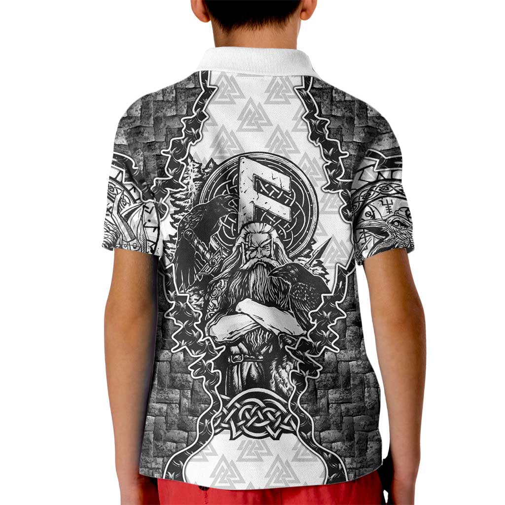 Odin and Skull Warrior Norse Mythology Kid Polo Shirt Viking Black and White Engraved Stone Art