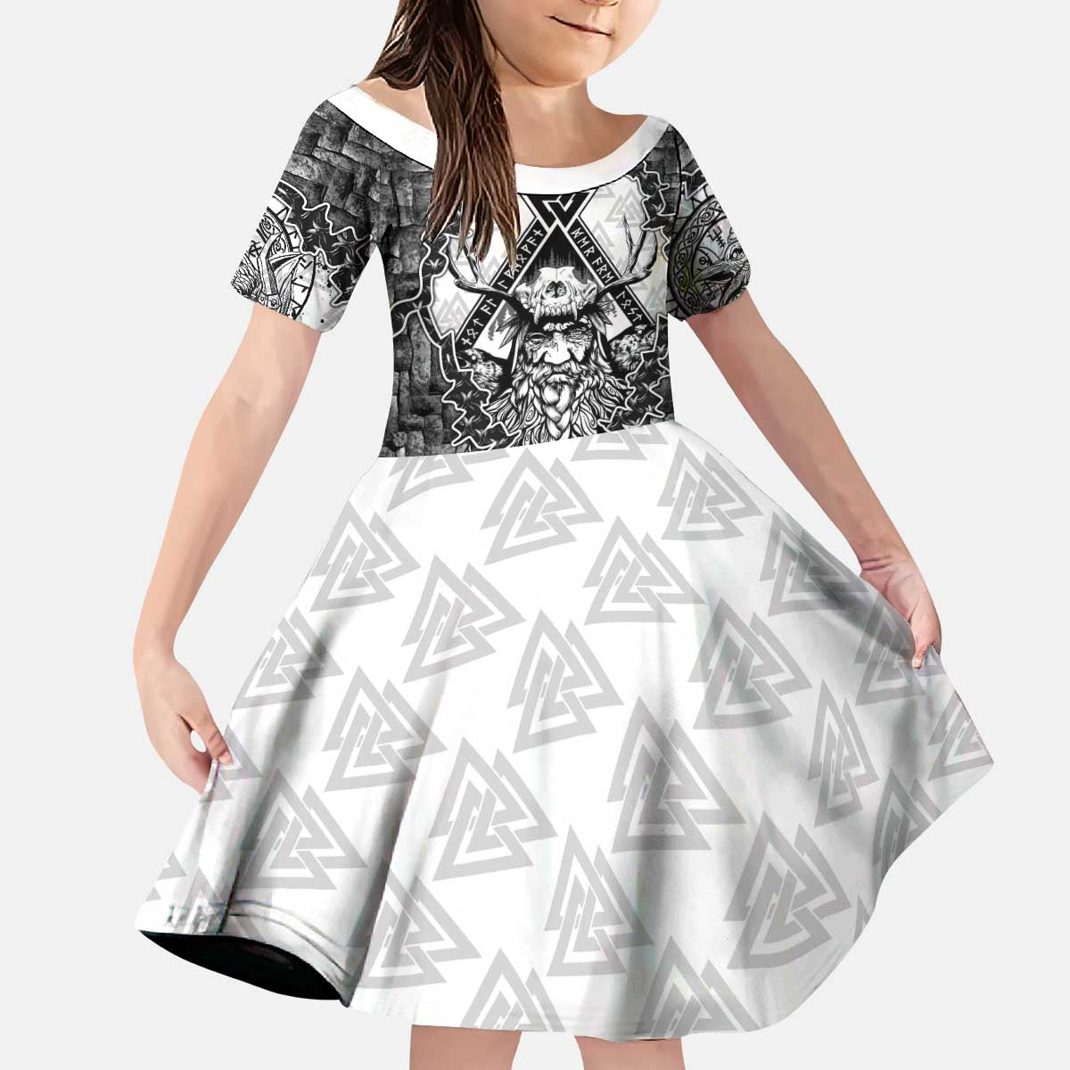 Odin and Skull Warrior Norse Mythology Kid Short Sleeve Dress Viking Black and White Engraved Stone Art