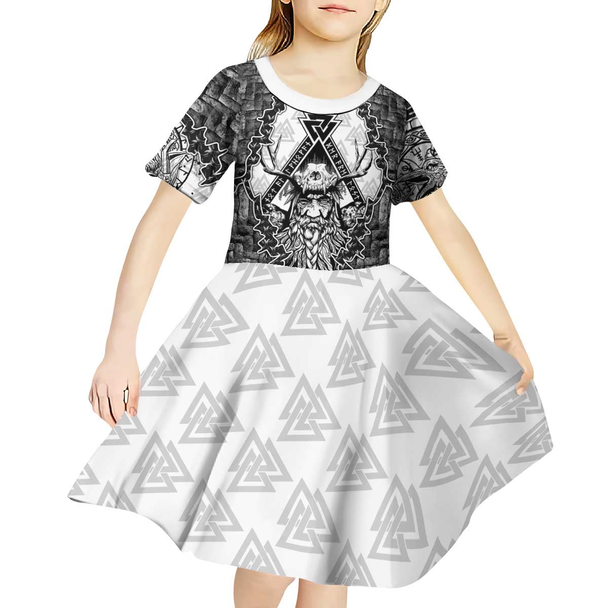 Odin and Skull Warrior Norse Mythology Kid Short Sleeve Dress Viking Black and White Engraved Stone Art