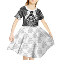 Odin and Skull Warrior Norse Mythology Kid Short Sleeve Dress Viking Black and White Engraved Stone Art
