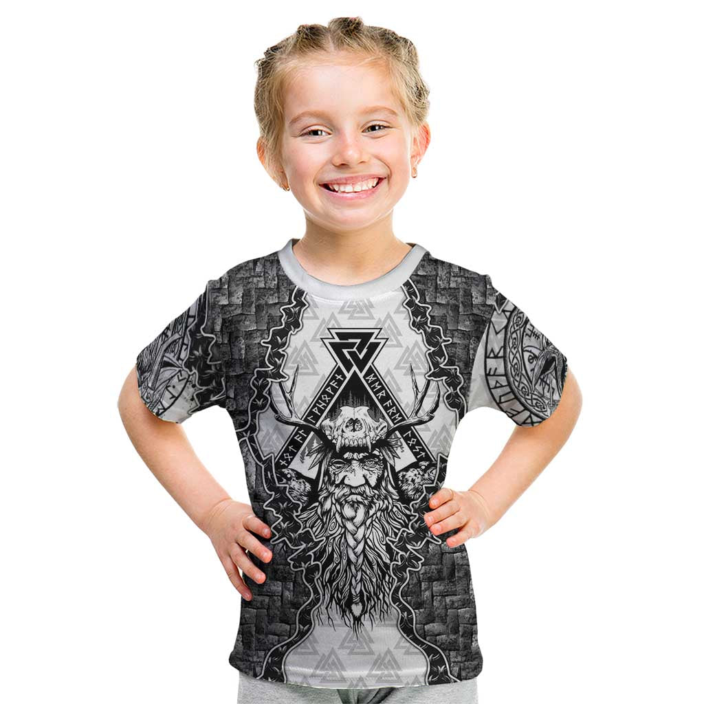 Odin and Skull Warrior Norse Mythology Kid T Shirt Viking Black and White Engraved Stone Art