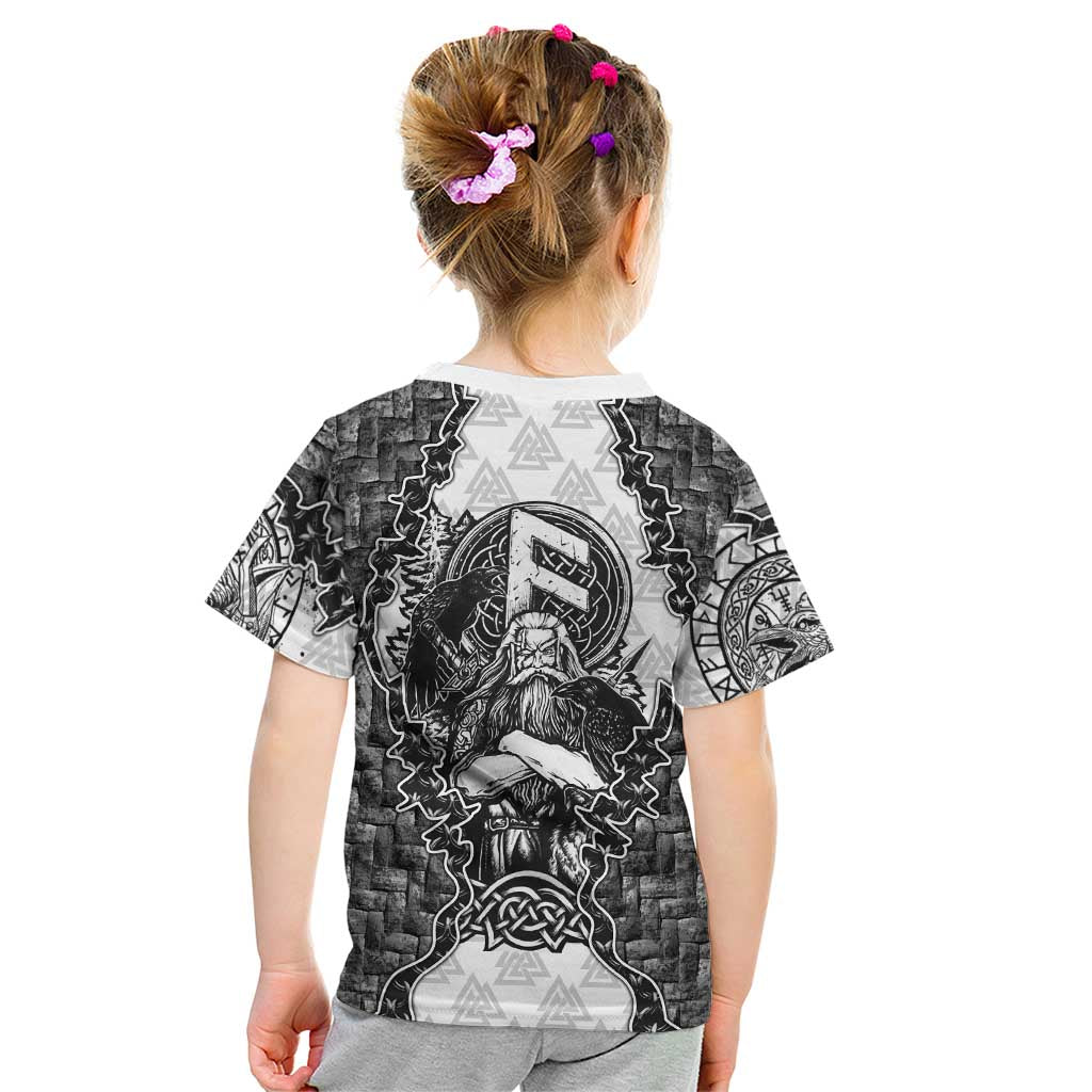 Odin and Skull Warrior Norse Mythology Kid T Shirt Viking Black and White Engraved Stone Art