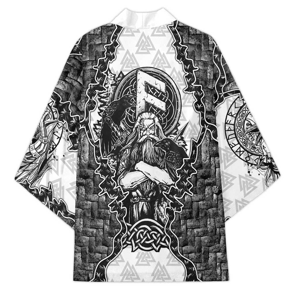 Odin and Skull Warrior Norse Mythology Kimono Viking Black and White Engraved Stone Art