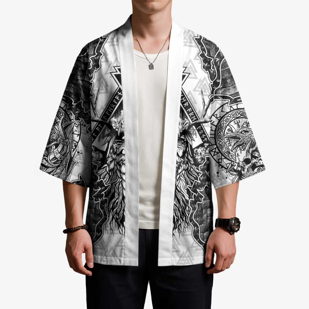 Odin and Skull Warrior Norse Mythology Kimono Viking Black and White Engraved Stone Art