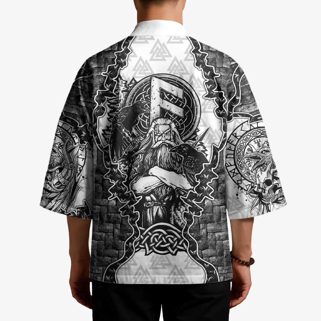 Odin and Skull Warrior Norse Mythology Kimono Viking Black and White Engraved Stone Art