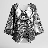Odin and Skull Warrior Norse Mythology Kimono Sleeve Blouse Viking Black and White Engraved Stone Art