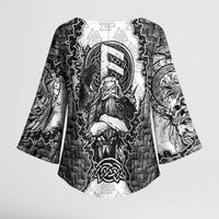 Odin and Skull Warrior Norse Mythology Kimono Sleeve Blouse Viking Black and White Engraved Stone Art