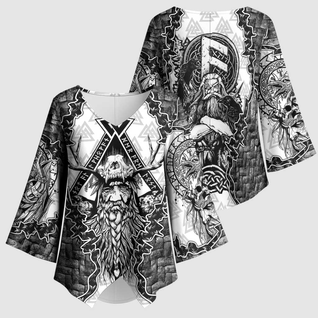 Odin and Skull Warrior Norse Mythology Kimono Sleeve Blouse Viking Black and White Engraved Stone Art