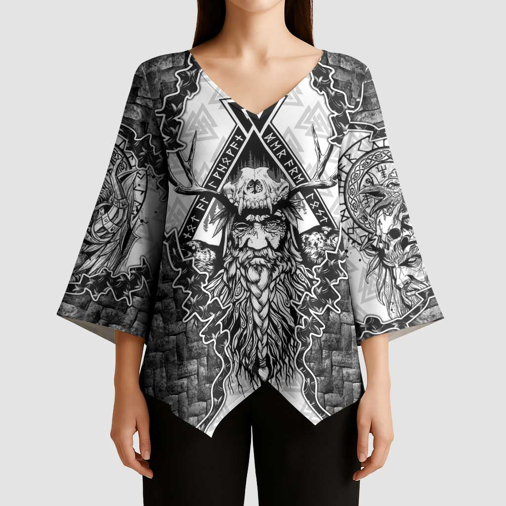 Odin and Skull Warrior Norse Mythology Kimono Sleeve Blouse Viking Black and White Engraved Stone Art