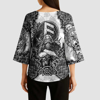 Odin and Skull Warrior Norse Mythology Kimono Sleeve Blouse Viking Black and White Engraved Stone Art