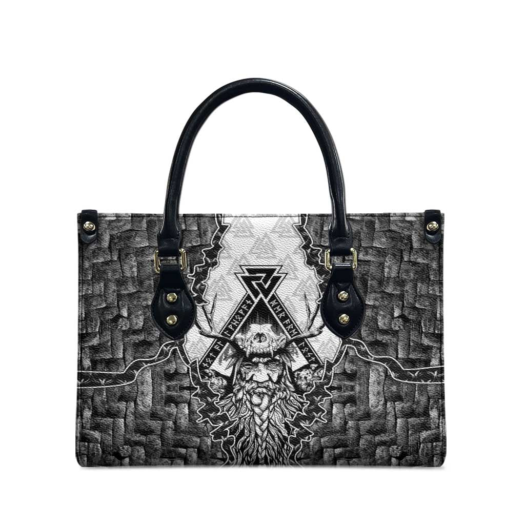 Odin and Skull Warrior Norse Mythology Leather Bag Viking Black and White Engraved Stone Art