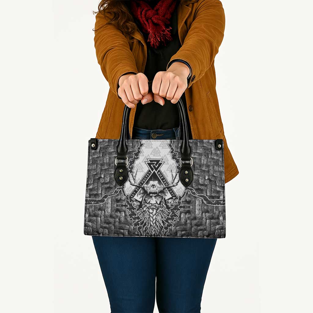 Odin and Skull Warrior Norse Mythology Leather Bag Viking Black and White Engraved Stone Art