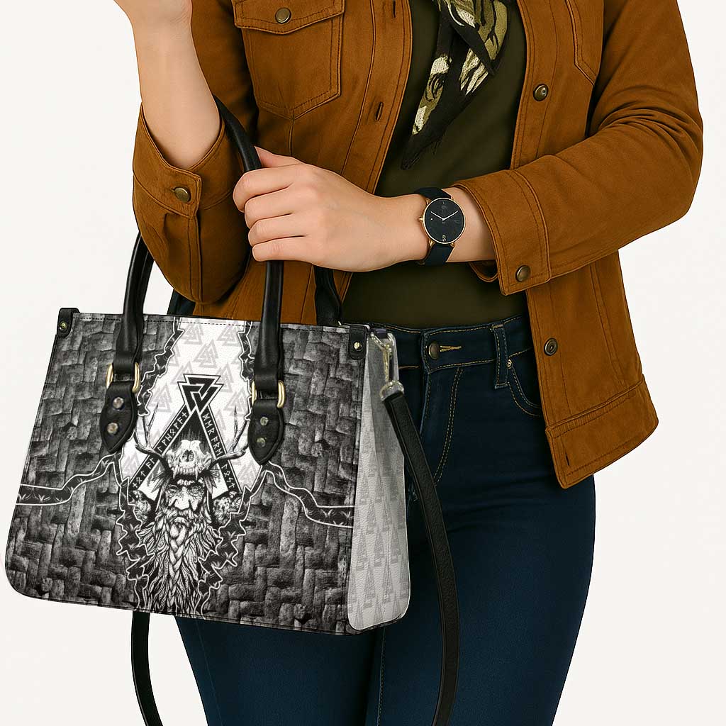 Odin and Skull Warrior Norse Mythology Leather Bag Viking Black and White Engraved Stone Art