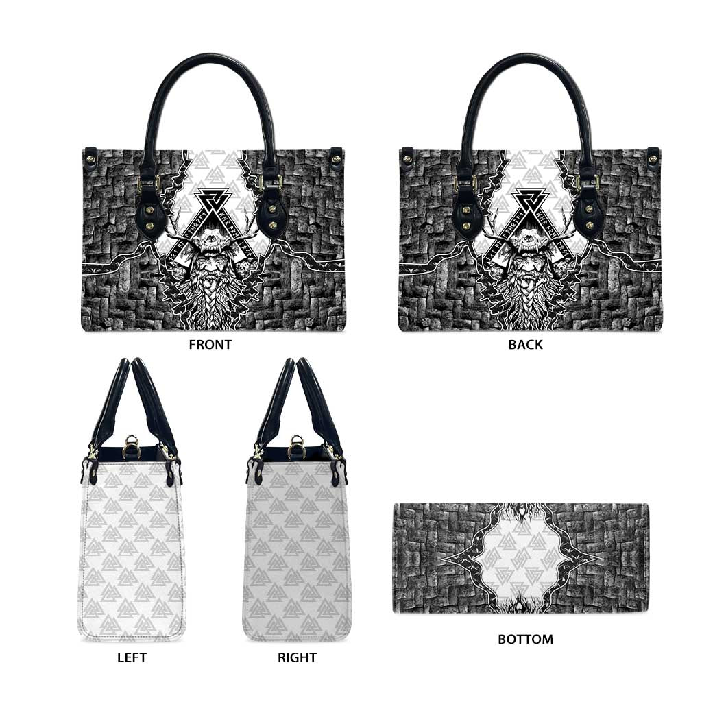 Odin and Skull Warrior Norse Mythology Leather Bag Viking Black and White Engraved Stone Art