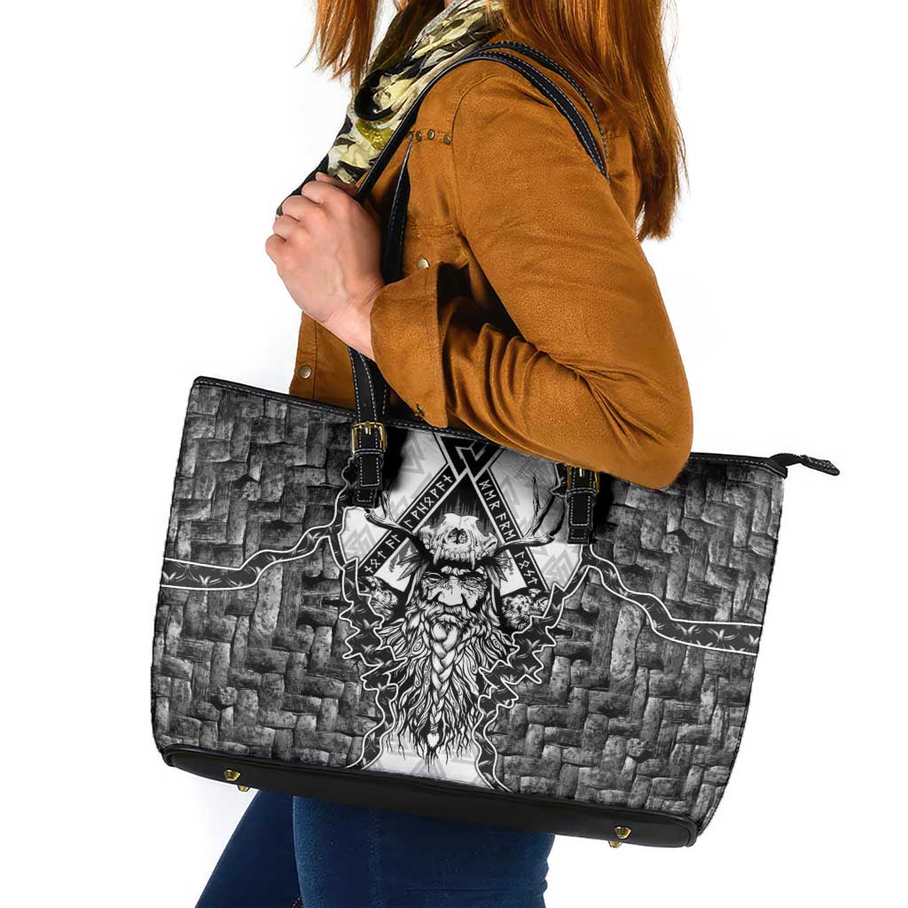 Odin and Skull Warrior Norse Mythology Leather Tote Bag Viking Black and White Engraved Stone Art