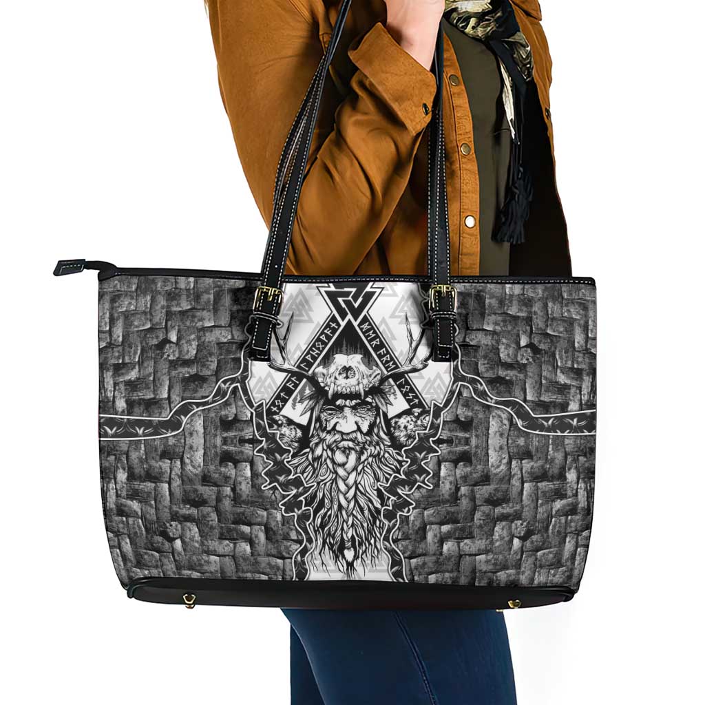 Odin and Skull Warrior Norse Mythology Leather Tote Bag Viking Black and White Engraved Stone Art